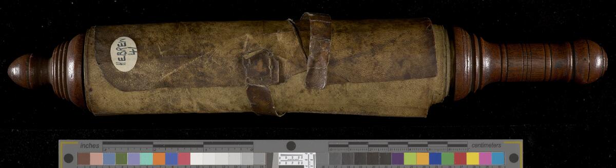 Rolled scroll, case, tie, and wooden handle — no indexed biblical text, Manchester Hebrew MS 41 (Esther Scroll)