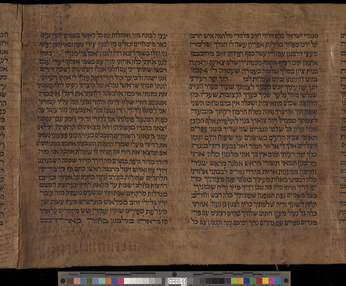 Song of Songs 3:7 in the Gaster Hebrew MS Add 19b (Song of Songs Scroll), folio p002