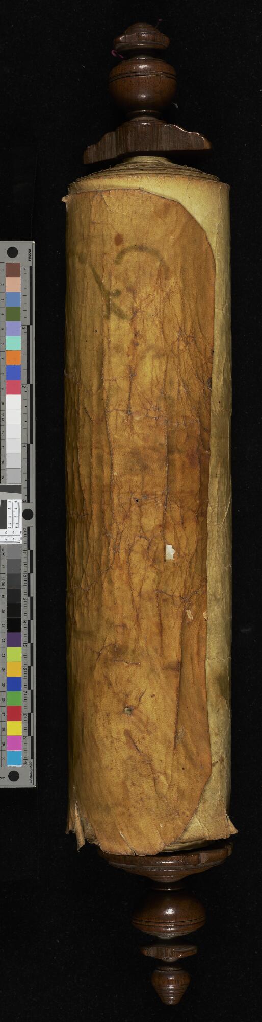 Rolled scroll and wooden handle — no indexed biblical text, Manchester Hebrew MS 44 (Illustrated Esther Scroll)