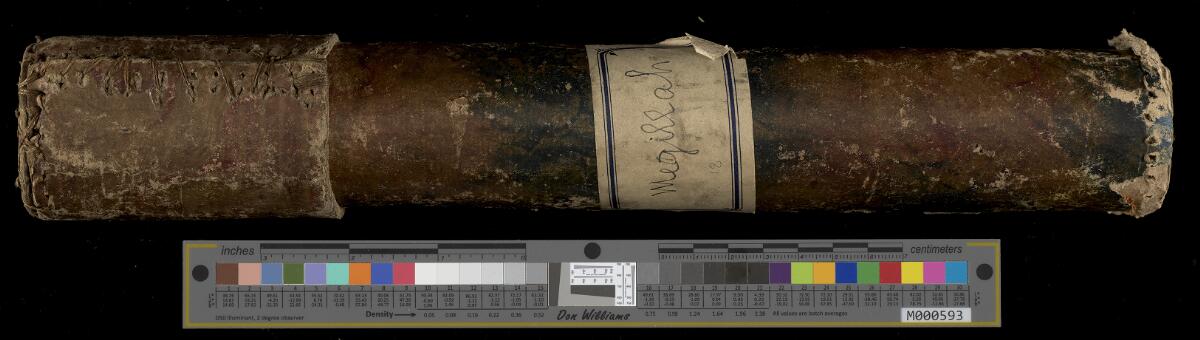 Leather case and handwritten “Megillah” label — no indexed biblical text, Gaster Hebrew MS Add 18 (Esther Scroll)